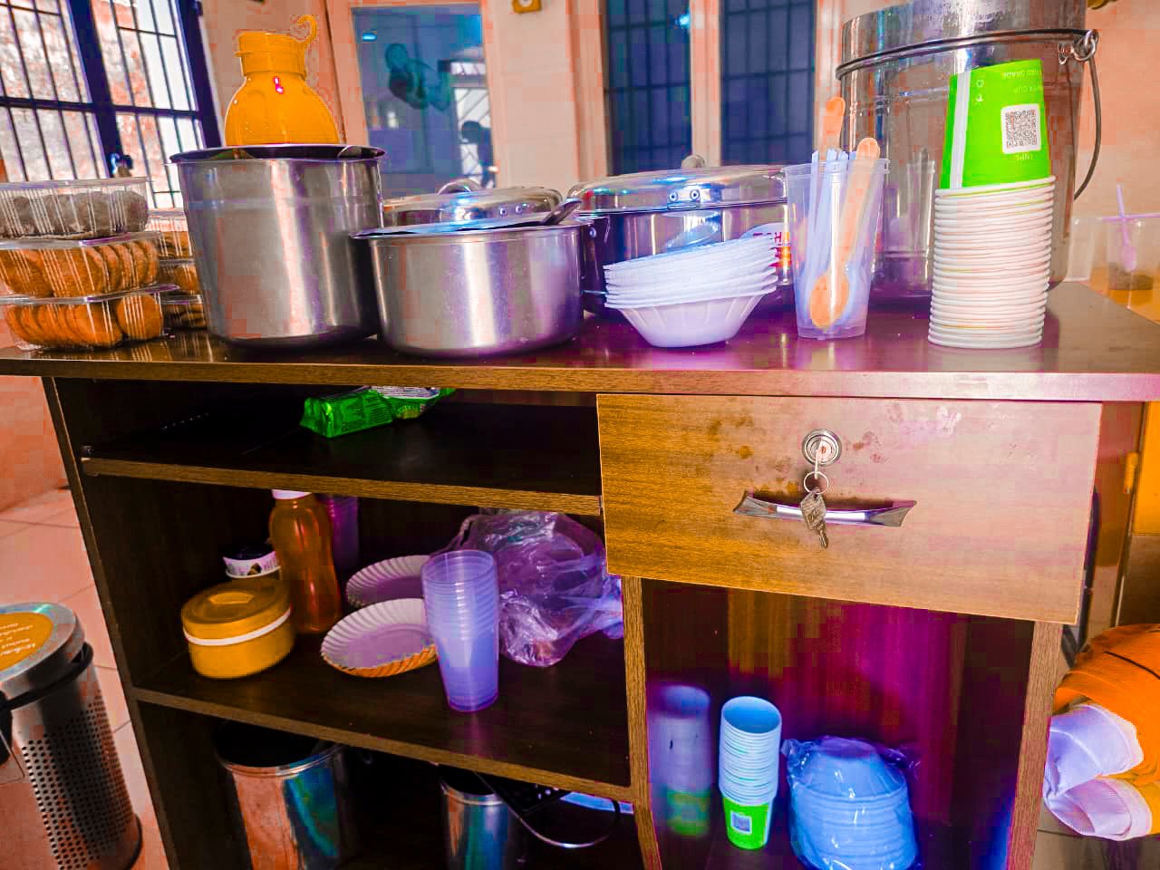 Kitchen and food preparation counter at Dhanya Hospitals — patient food service