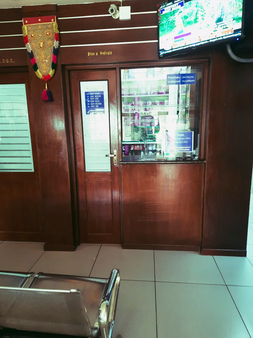 Pharmacy counter at Dhanya Hospitals, Rajapalayam